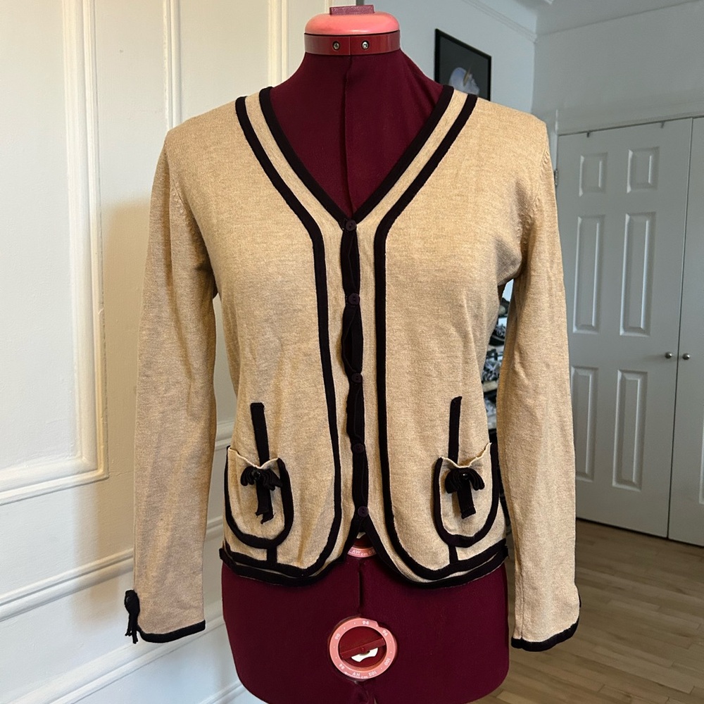 Elegant Beige Cardigan Sweater with Dark Brown Trim and Bows